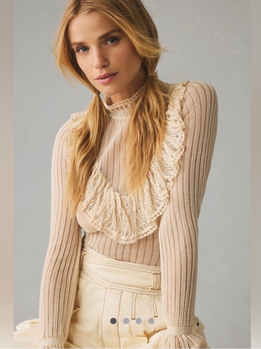Anthropologie Cream Ruffle V-Front Knit Sweater